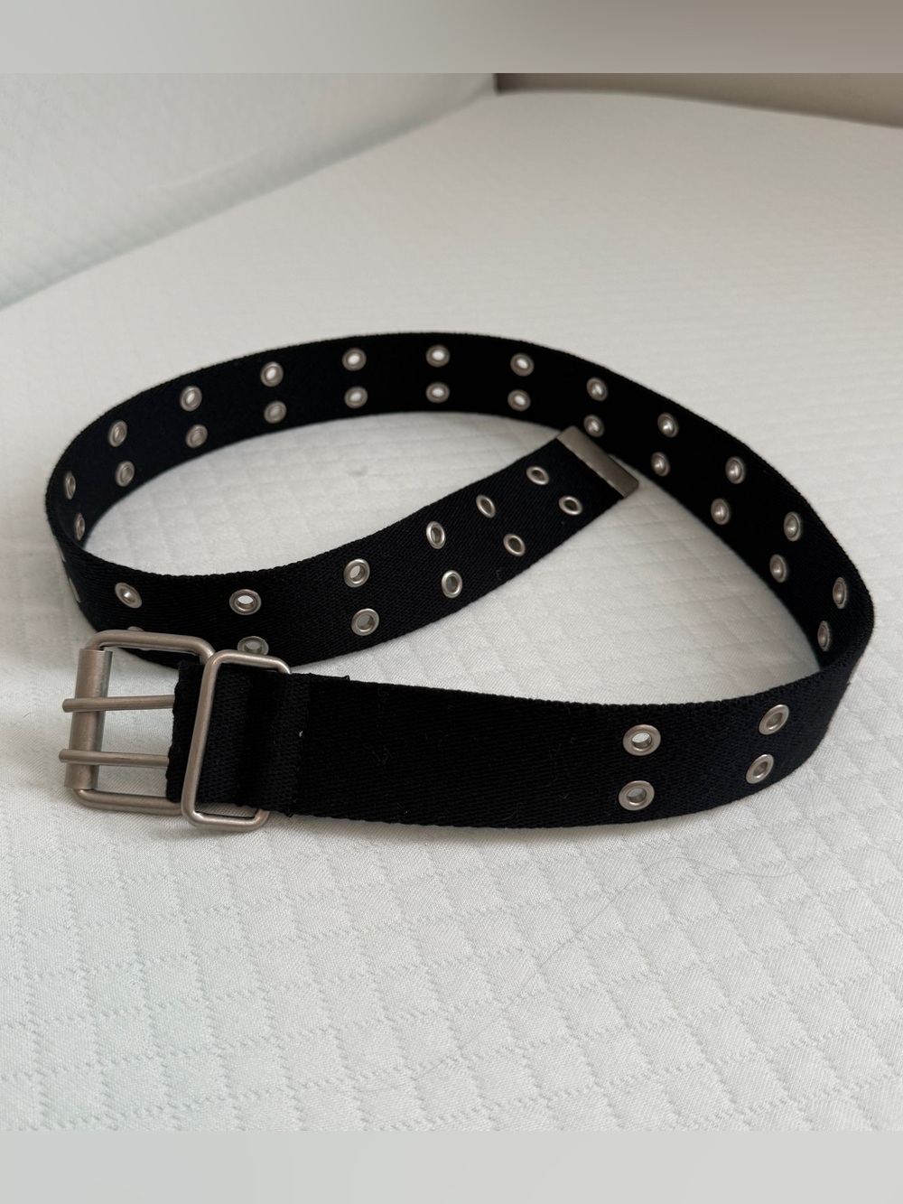Vtg Y2K Black Double Grommet Belt Emo Punk Alt Canvas Cloth Web Belt Small 35”